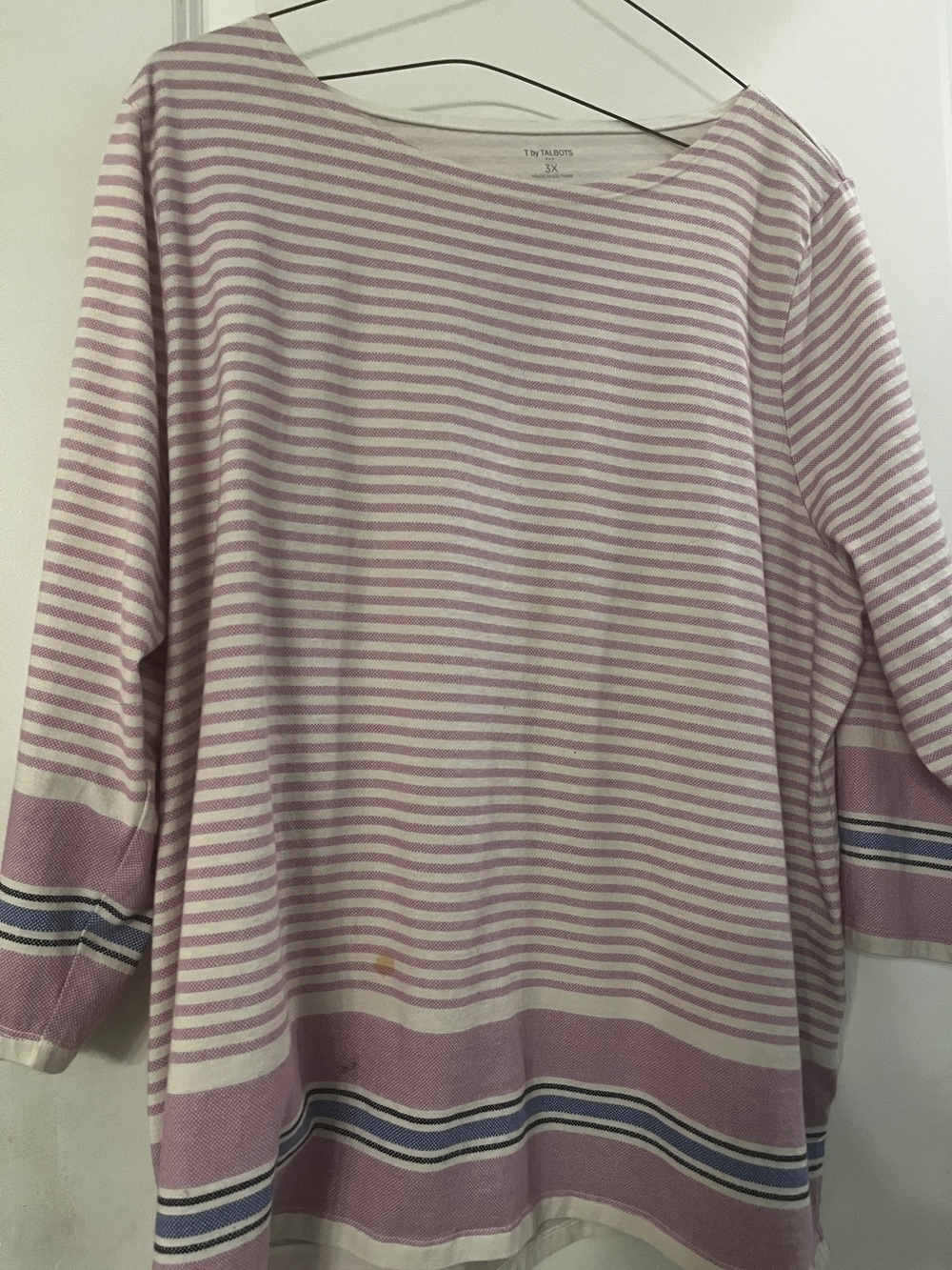 T by Talbots 3X Pink White Striped Top Plus Size 3/4 Sleeve Knit